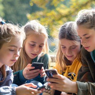 Groupe de jeunes filles répondant à un jeu de quizz sur leurs téléphones