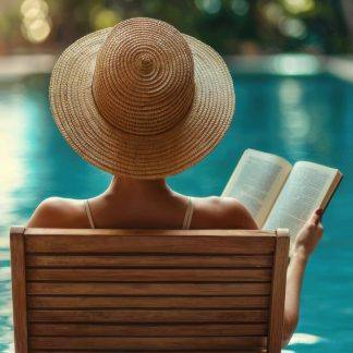 Femme portant un chapeau et vue de derrière regardant une piscine avec un livre dans la main.