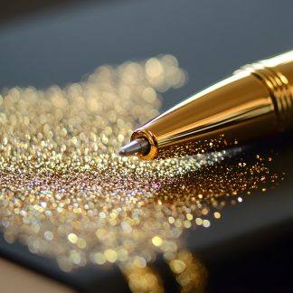 Photo d'un stylo dorée avec en dessous des paillettes d'or de façon à le mettre en valeur.