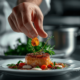 Dressage d'un plat par un chef cuisinier