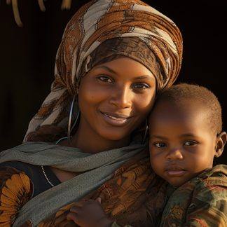 Maman souriante avec son petit garçon dans les bras au Mali