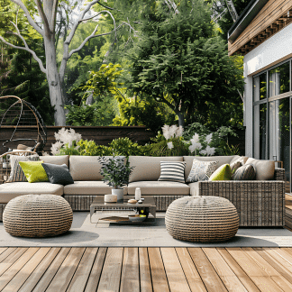 joli salon d'extérieur sur terrasse en bois