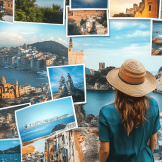 Femme avec un chapeau regardant des photos de voyage